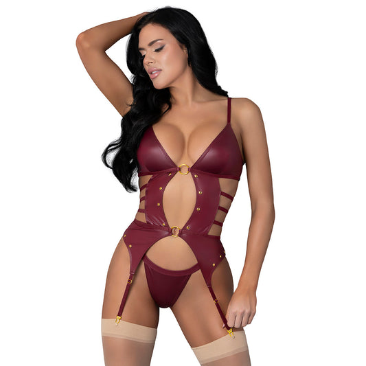 Lust Fetish Kira Basque Set - Open Front Design with Garters - Burgundy