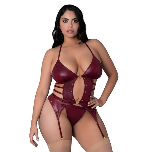 Lust Fetish Kira Burgundy Basque Set – Queen Size with Open-Front Design
