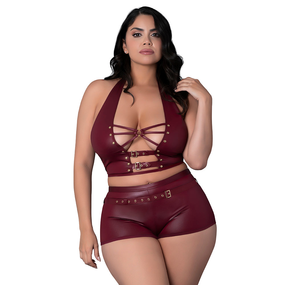 Lust Fetish Thalia Burgundy Queen Size Lingerie Set with Cutouts and Detachable Belt
