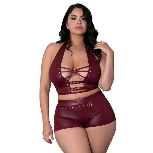 Lust Fetish Thalia Burgundy Queen Size Lingerie Set with Cutouts and Detachable Belt