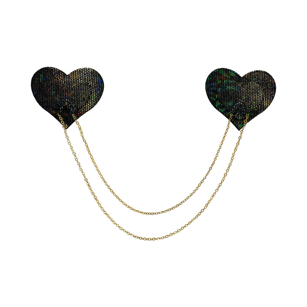 Pastease Black Shattered Disco Ball Heart Nipple Pasties with Gold Chains