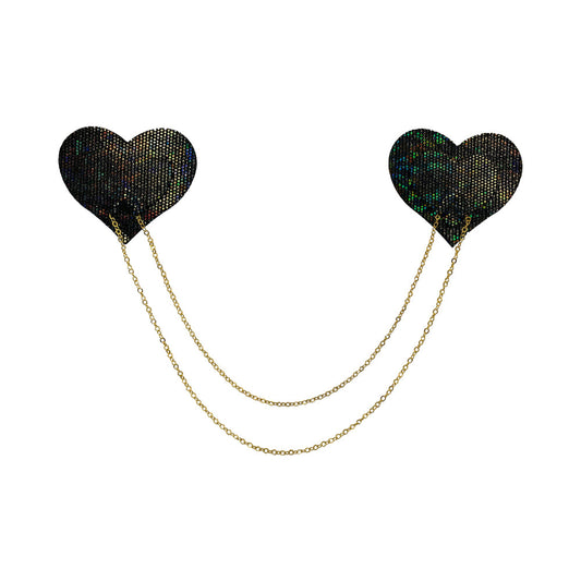 Pastease Black Shattered Disco Ball Heart Nipple Pasties with Gold Chains