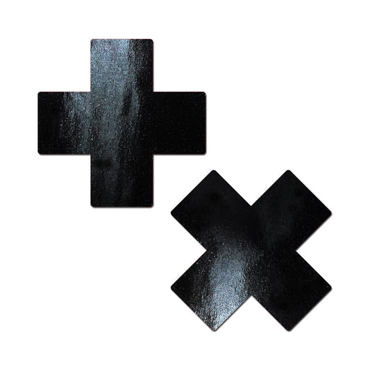Pastease Plus X Faux Latex Pleather Vinyl Cross Nipple Pasties - Black