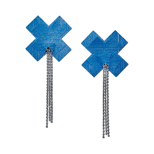 Pastease Denim Plus X Tassel Pasties with Rhinestone Fringe – Blue
