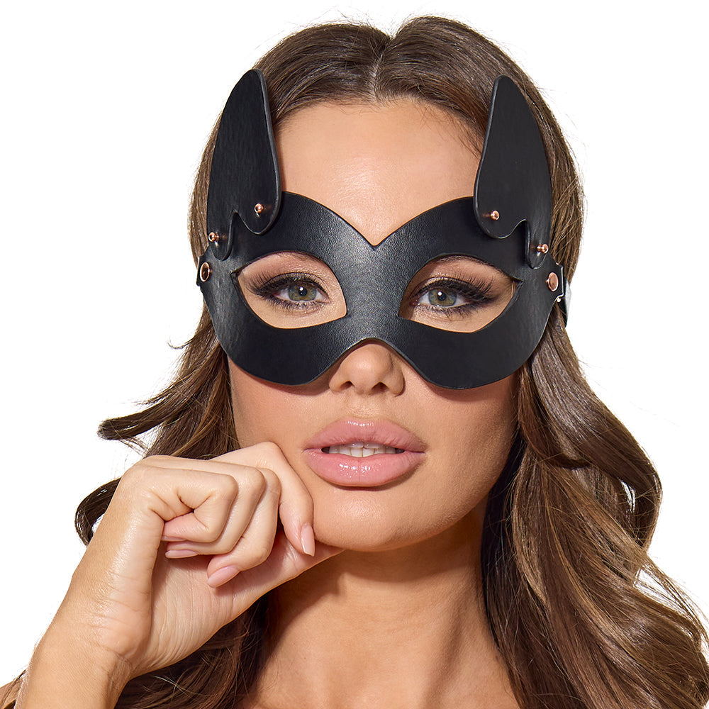 Coquette Pleasure Mask Black – Adjustable Vegan Leather Mask with Removable Ears