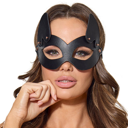 Coquette Pleasure Mask Black – Adjustable Vegan Leather Mask with Removable Ears