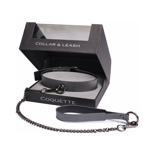 Coquette Pleasure Collar & Leash – Adjustable Grey Faux Leather Set