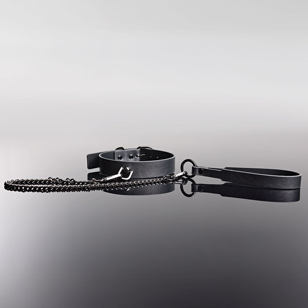 Coquette Pleasure Collar & Leash – Adjustable Grey Faux Leather Set