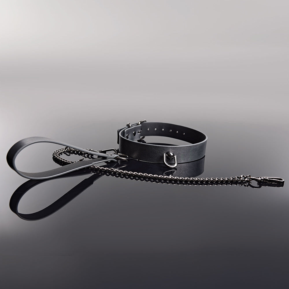 Coquette Pleasure Collar & Leash – Adjustable Grey Faux Leather Set