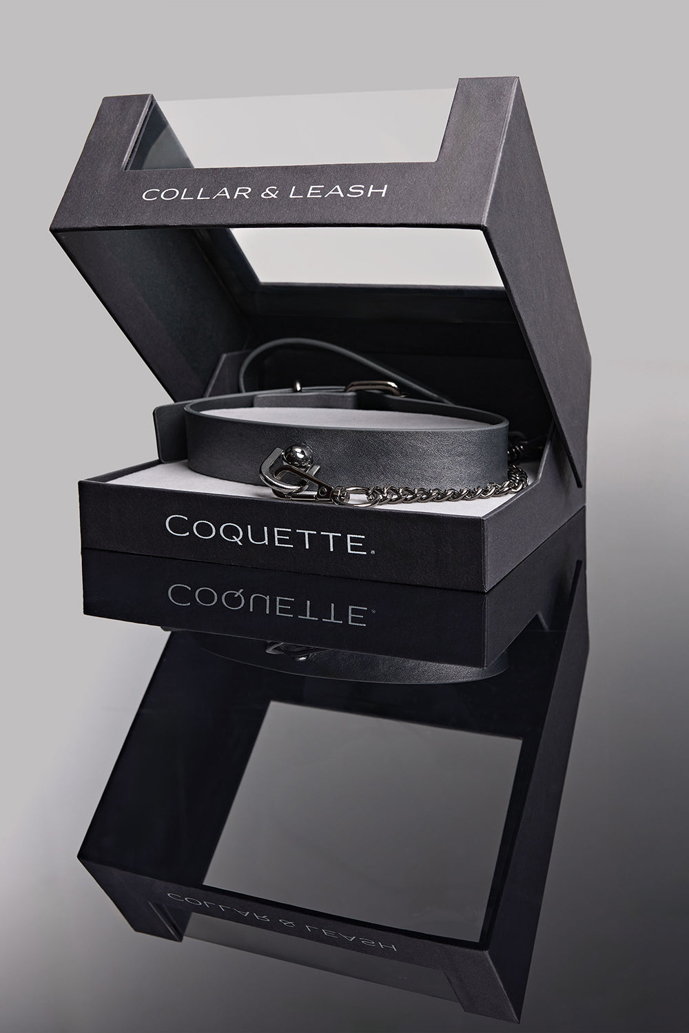 Coquette Pleasure Collar & Leash – Adjustable Grey Faux Leather Set
