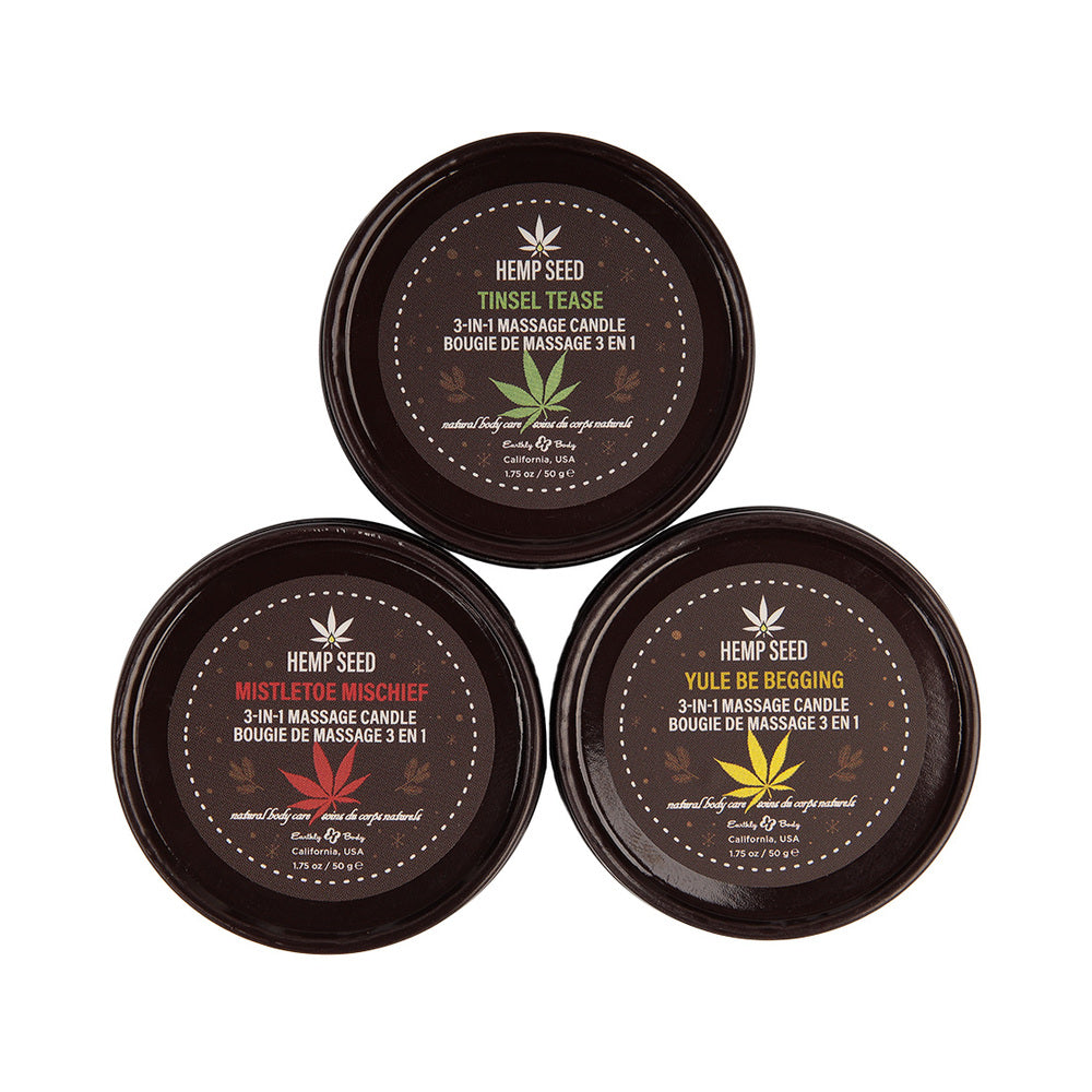Earthly Body Hemp Seed 3-in-1 Massage Candle Holiday Trio - Mistletoe Mischief, Tinsel Tease, Yule Be Begging