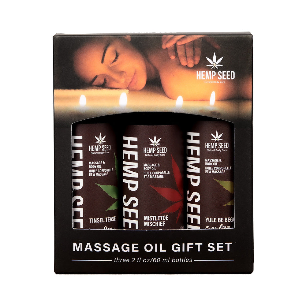 Earthly Body Hemp Seed Holiday Massage Oil Trio Gift Set – Mistletoe Mischief, Tinsel Tease, Yule Be Begging