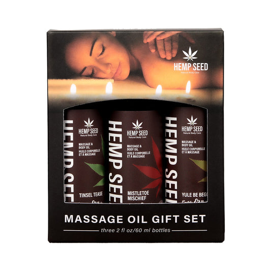 Earthly Body Hemp Seed Holiday Massage Oil Trio Gift Set – Mistletoe Mischief, Tinsel Tease, Yule Be Begging