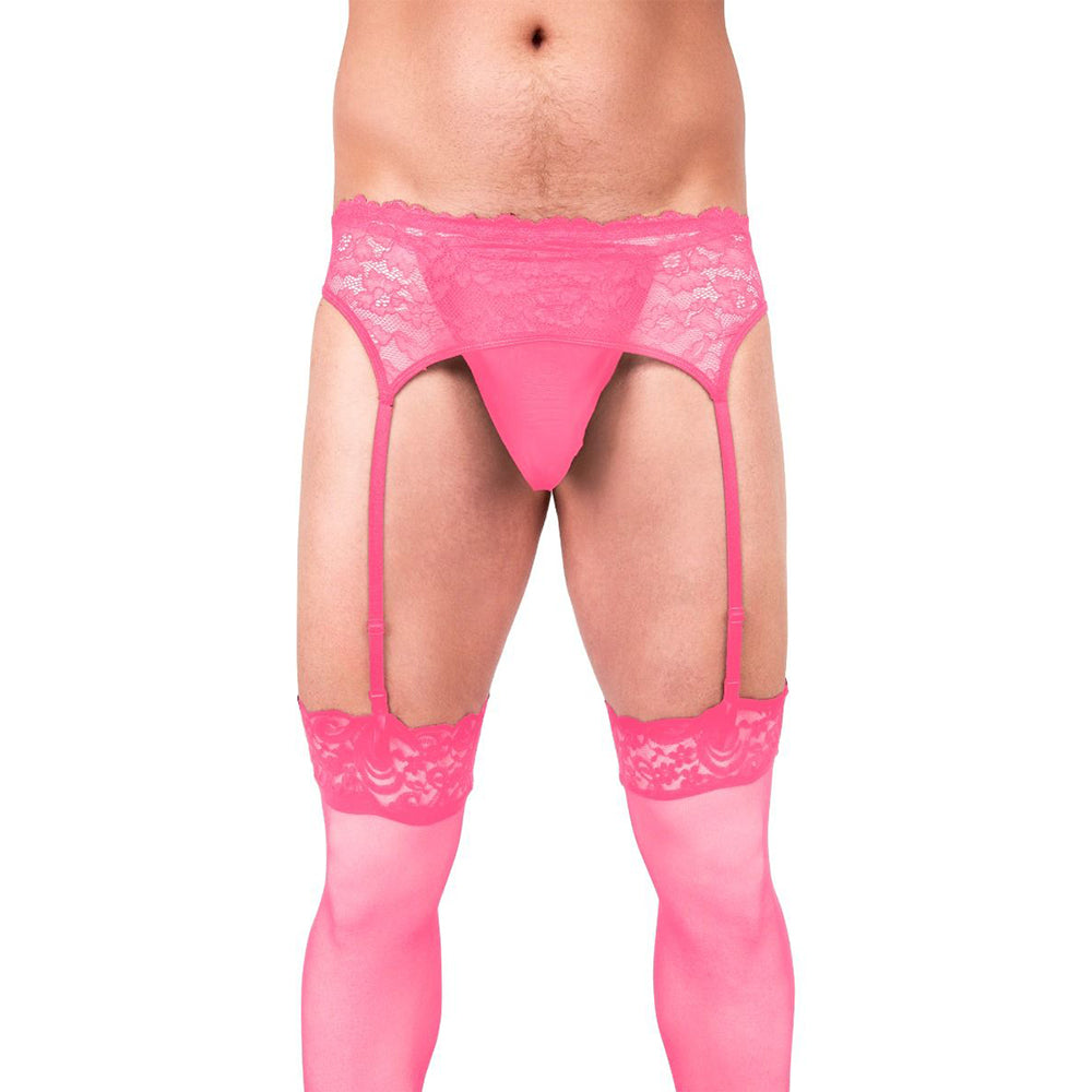 Prowler Lace Garter Set – XL – Hot Pink