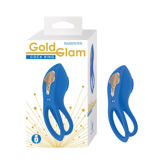 Nasstoys Gold Glam Cock Ring – Blue – Dual Ring Design with 10 Vibrating Functions