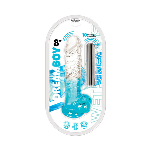 Wet Dreams Dream Boy 8 in. Jelly Dildo with Rechargeable Bullet – Clear/Aqua Gradient