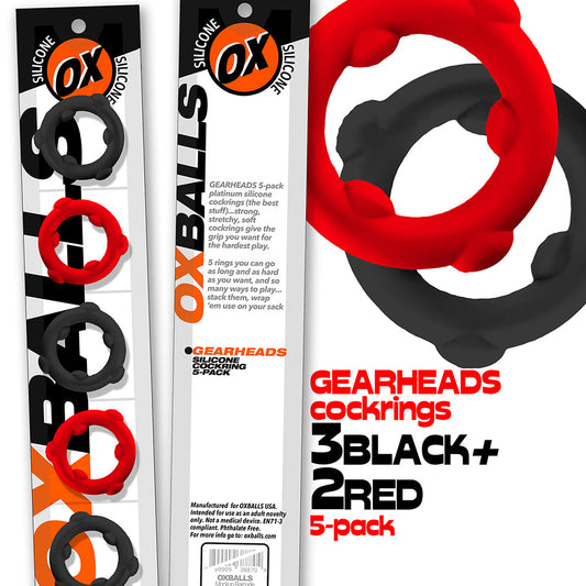 Oxballs Gearheads 5-Pack Spinner Cockrings – Red/Black