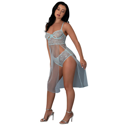 Magic Silk Blue Sky Long Chemise & Boy Short Panty Set - Baby Blue, L/XL
