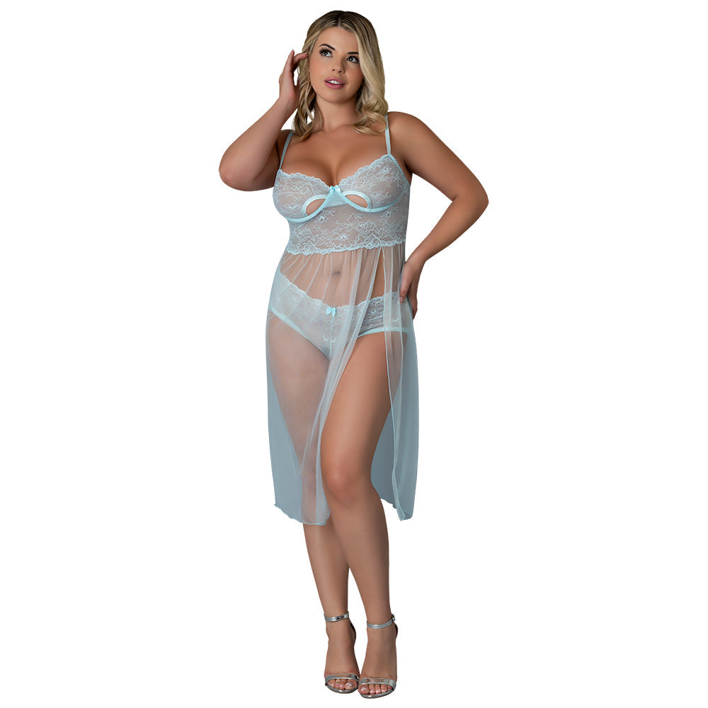 Magic Silk Blue Sky Long Chemise & Boy Short Panty Set – Baby Blue – Queen Size