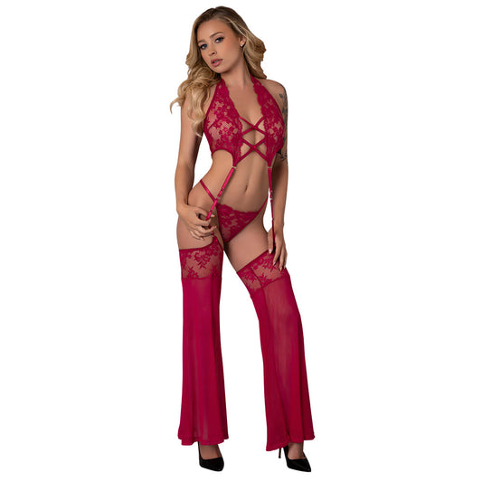 Magic Silk Black Cherry Plunge Top with Removable Chaps & Cheeky Panty Set - Wine Red/Burgundy