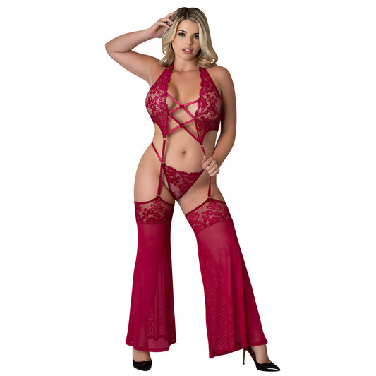 Magic Silk Black Cherry Plunge Top Lingerie Set with Removable Chaps and Cheeky Panty - Wine Red