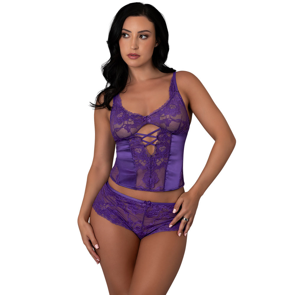 Magic Silk Satin Petals Bustier & Boy Short Set – Purple L/XL