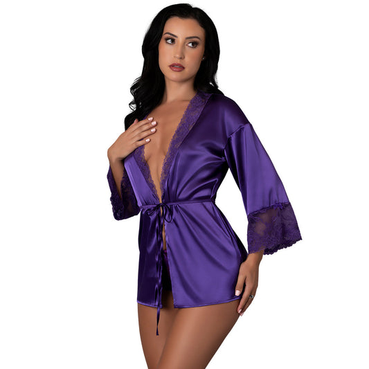Magic Silk Satin Petals Robe – Purple – L/XL – Luxurious Satin with Floral Lace Trim