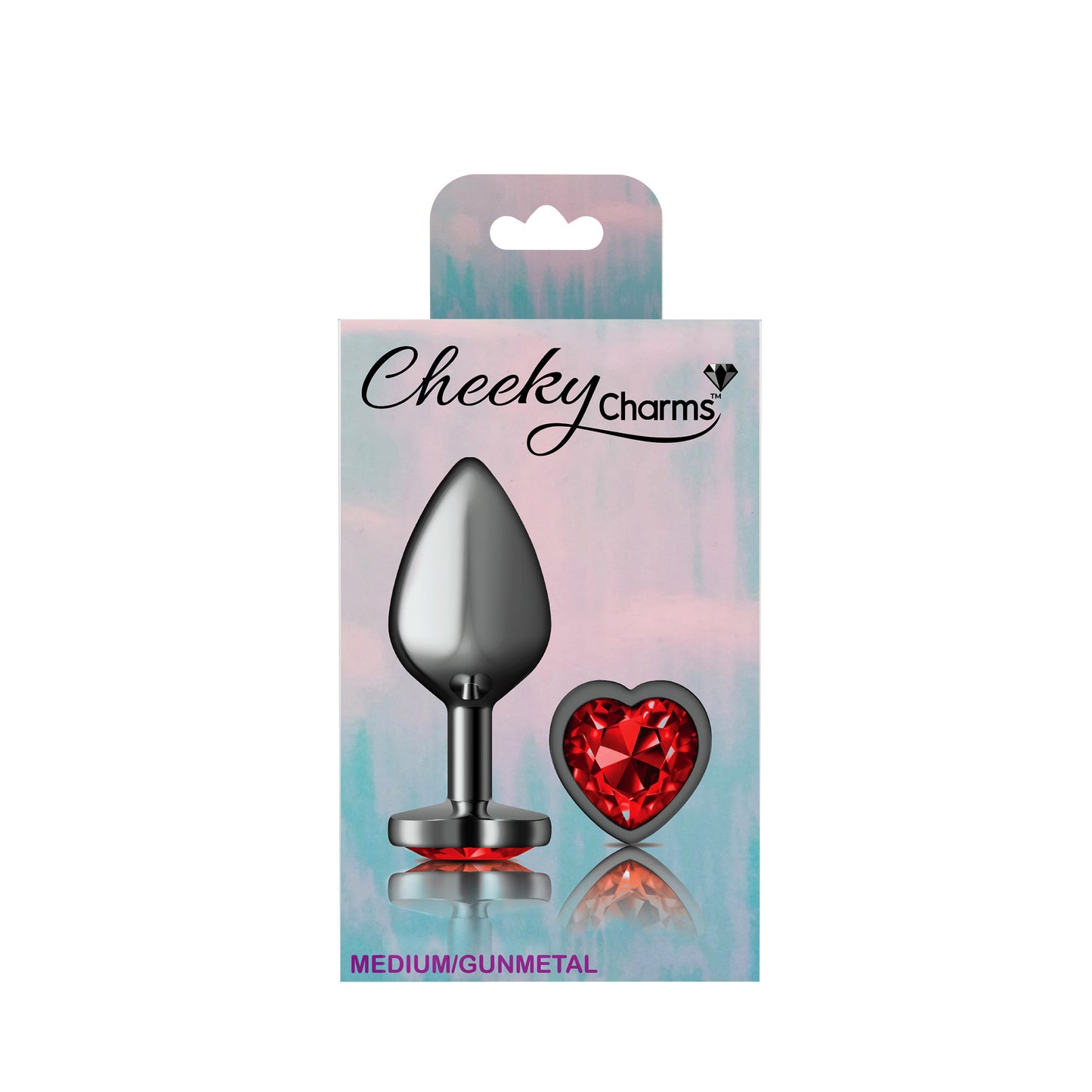 Cheeky Charms Deep Red Heart Gem Gunmetal Medium Anal Plug - Tapered Design