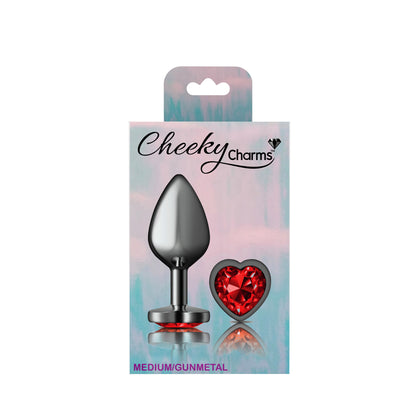 Cheeky Charms Deep Red Heart Gem Gunmetal Medium Anal Plug - Tapered Design