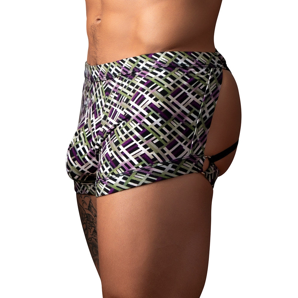 Male Power Gridlock'd Short with Strap Print - Open Back Underwear - Multi-Color