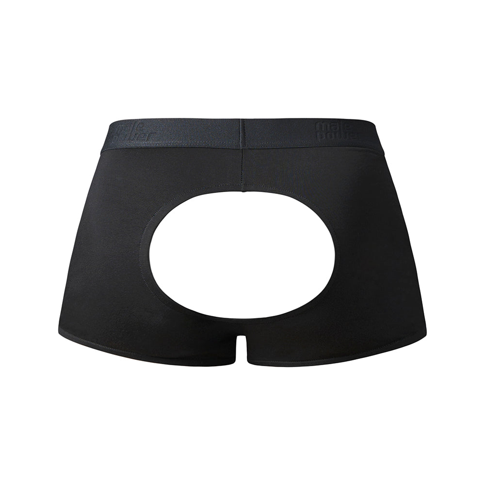 Male Power Moonshine Short Open Front Crotchless Underwear - Black S/M