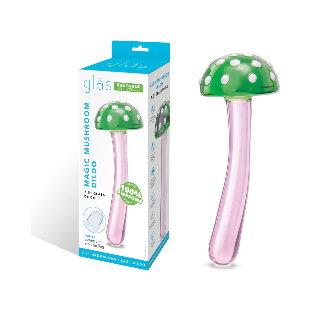 Glas Magic Mushroom Dildo 7.5 in. Glass Dildo – Multi-Color, Green Cap, Pink Stem