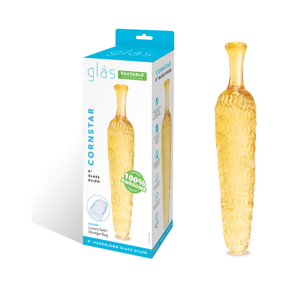Glas Cornstar 8 in. Glass Dildo – Yellow, Textured Corn-on-the-Cob Design