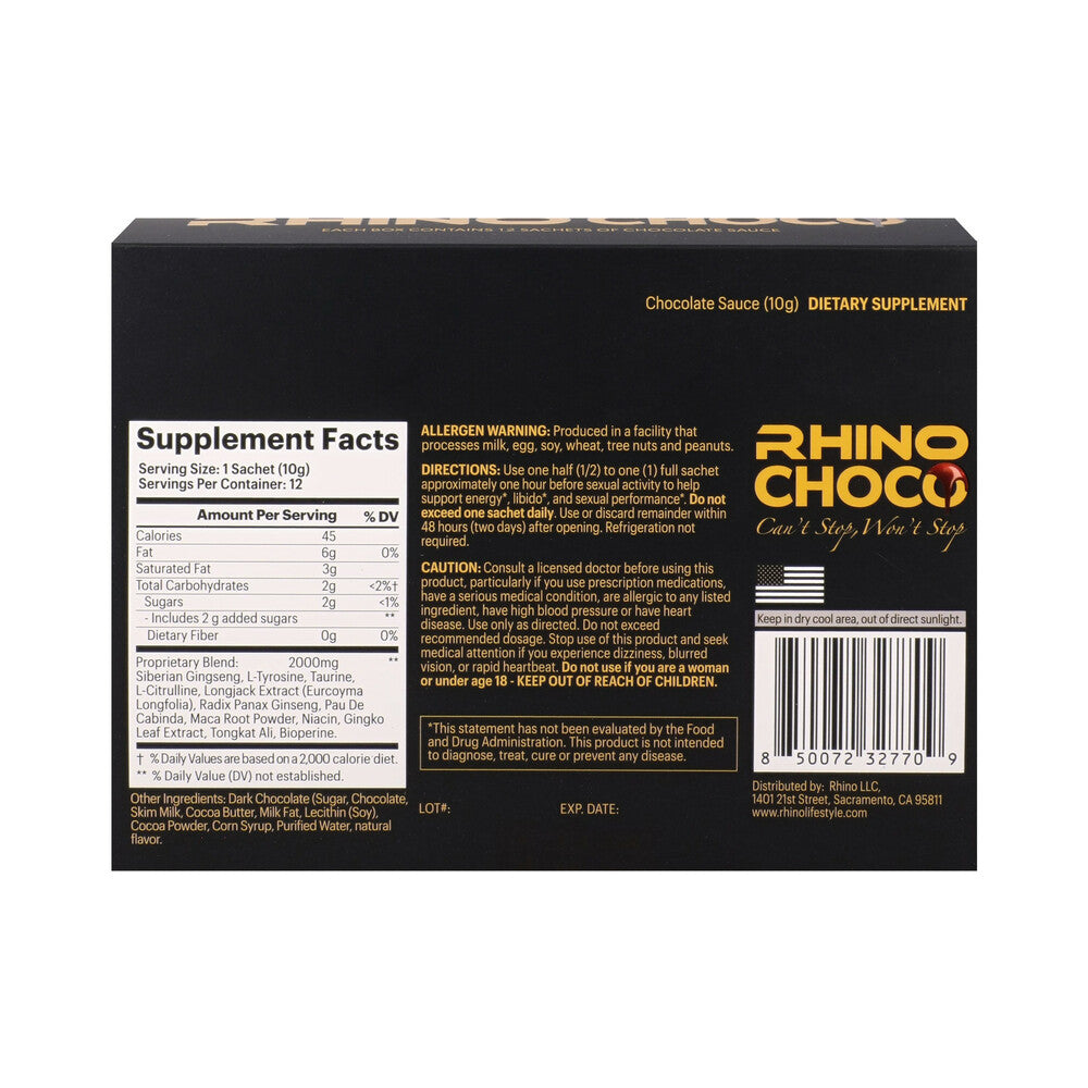 Rhino Choco 5 x Stronger 12-Pack Display – Dark Chocolate with Herbal Blend