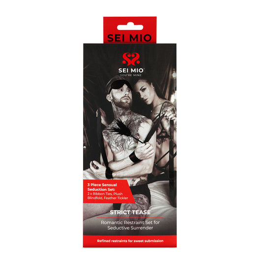 SEI MIO Strict Tease Ribbon Ties Kit with Blindfold and Tickler – Black