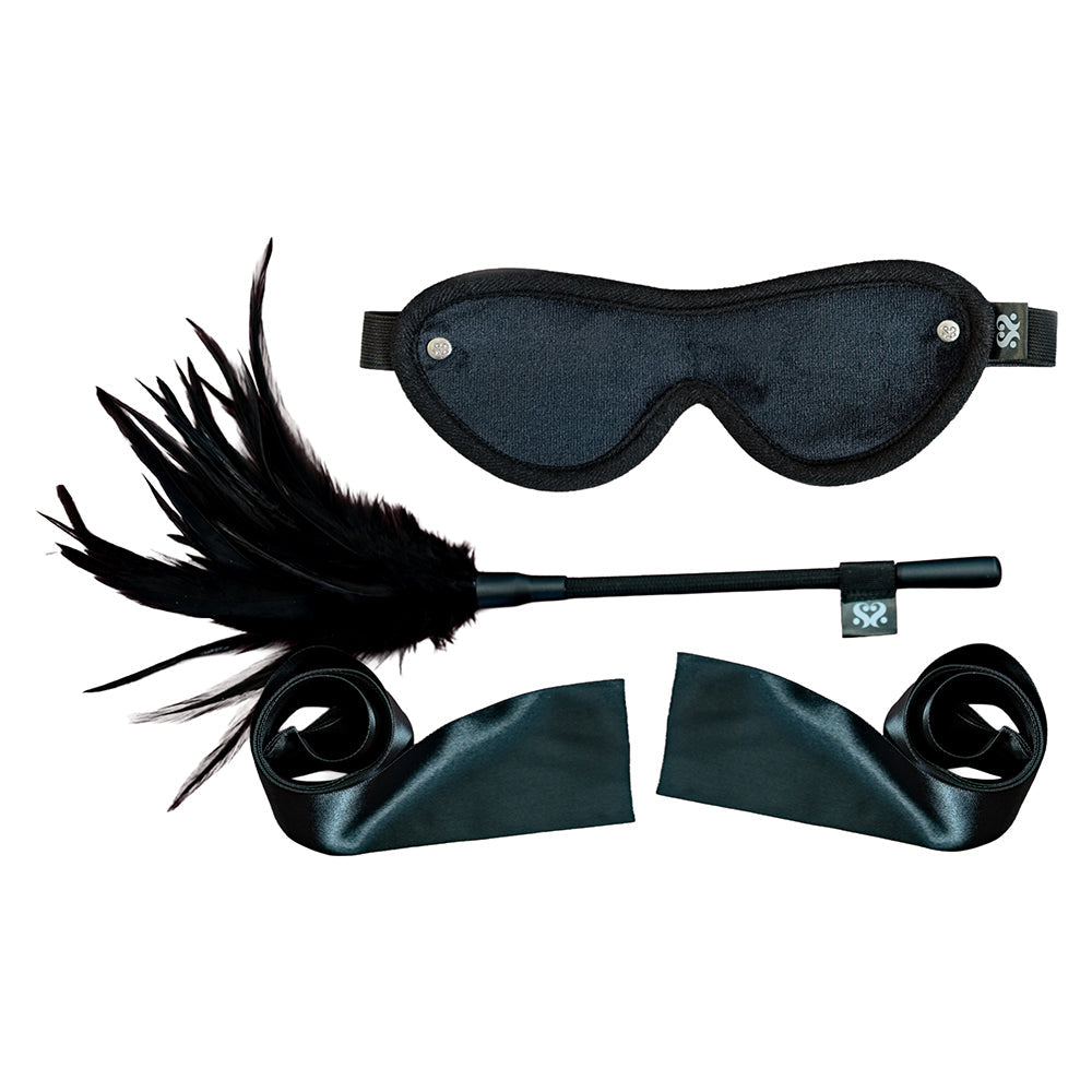 SEI MIO Strict Tease Ribbon Ties Kit with Blindfold and Tickler – Black