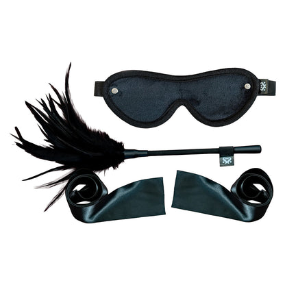 SEI MIO Strict Tease Ribbon Ties Kit with Blindfold and Tickler – Black