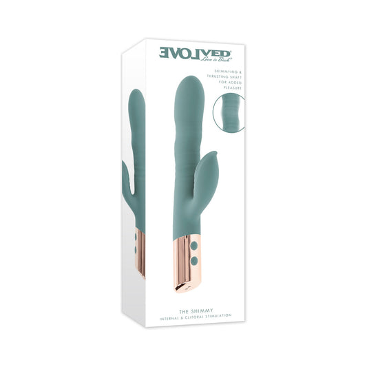 Evolved The Shimmy Mint Rechargeable Vibrating Device with Thrusting and Clitoral Stimulation – Green