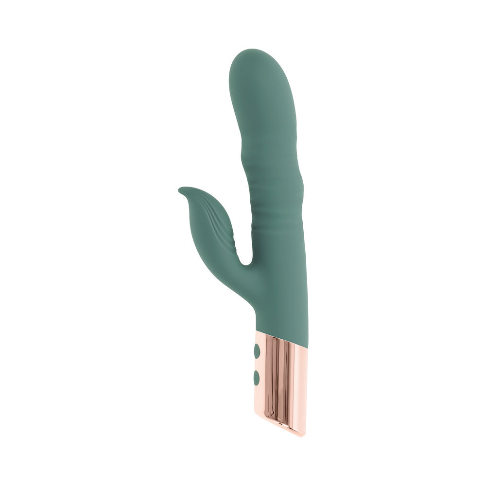 Evolved The Shimmy Mint Rechargeable Vibrating Device with Thrusting and Clitoral Stimulation – Green