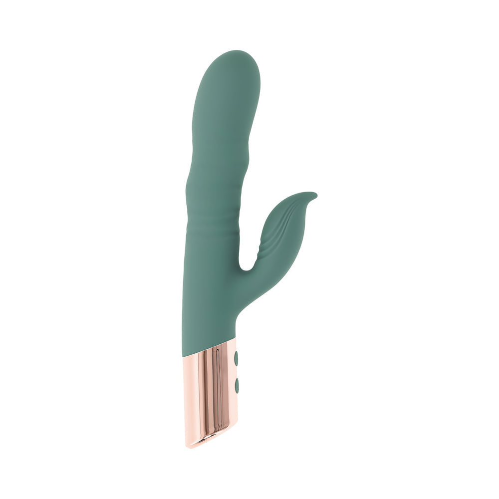 Evolved The Shimmy Mint Rechargeable Vibrating Device with Thrusting and Clitoral Stimulation – Green