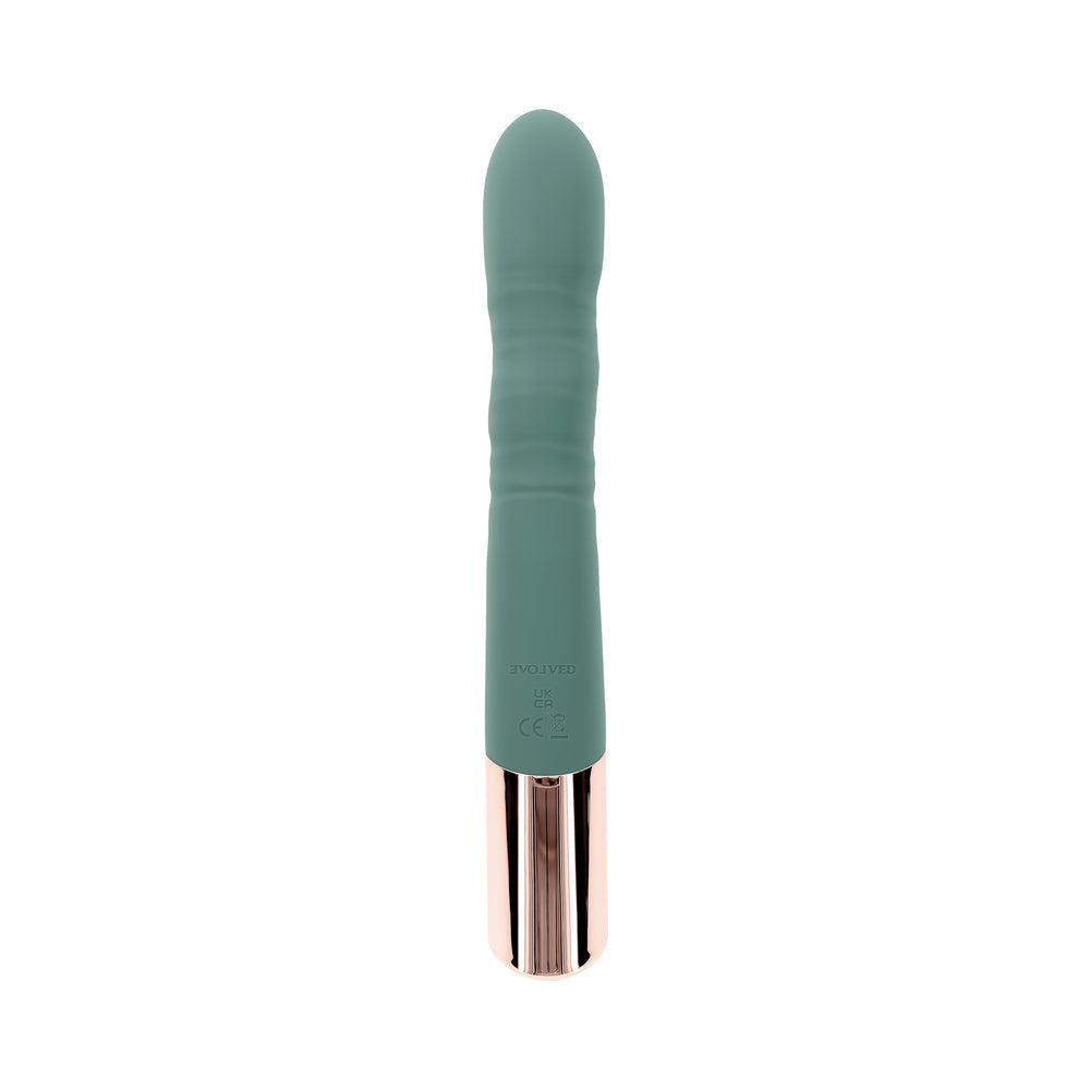 Evolved The Shimmy Mint Rechargeable Vibrating Device with Thrusting and Clitoral Stimulation – Green