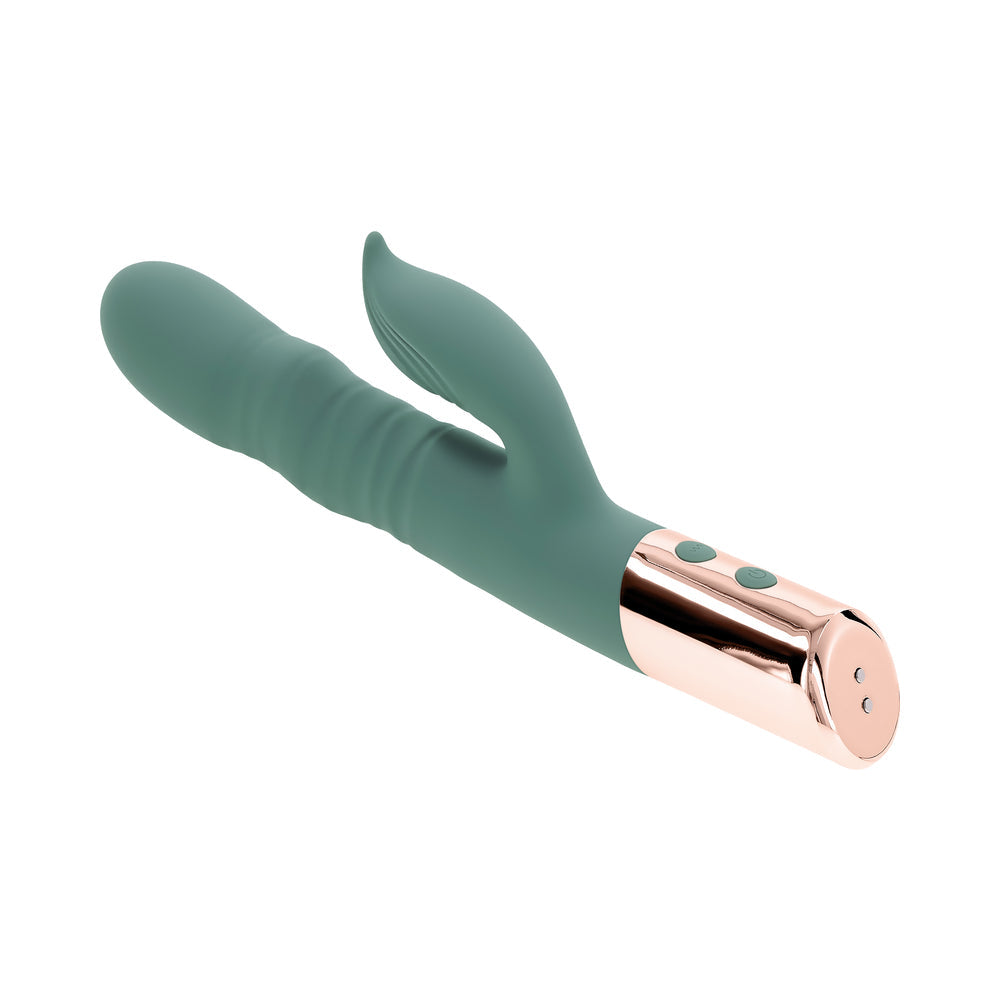 Evolved The Shimmy Mint Rechargeable Vibrating Device with Thrusting and Clitoral Stimulation – Green