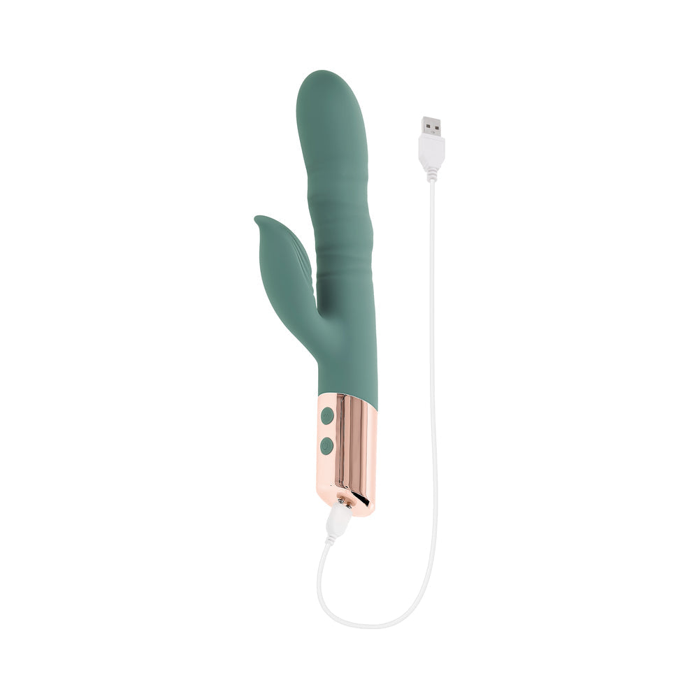 Evolved The Shimmy Mint Rechargeable Vibrating Device with Thrusting and Clitoral Stimulation – Green