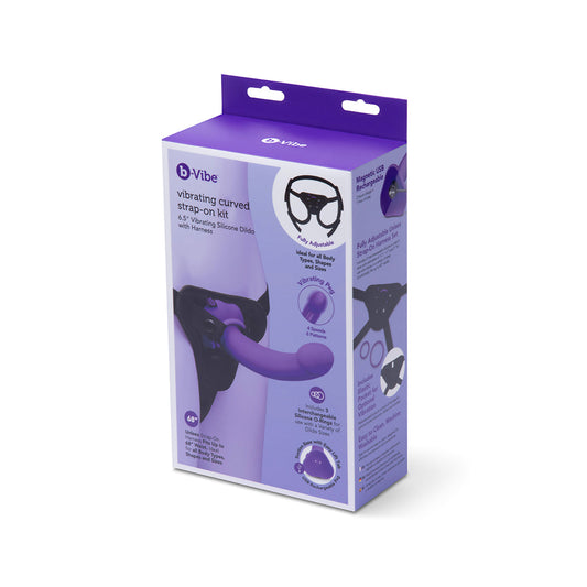b-Vibe Vibrating Curved Strap-On Kit – 6.5" Silicone Dildo with Harness – Purple and Black