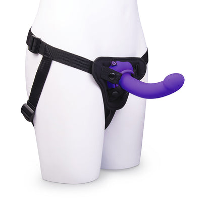 b-Vibe Vibrating Curved Strap-On Kit – 6.5" Silicone Dildo with Harness – Purple and Black