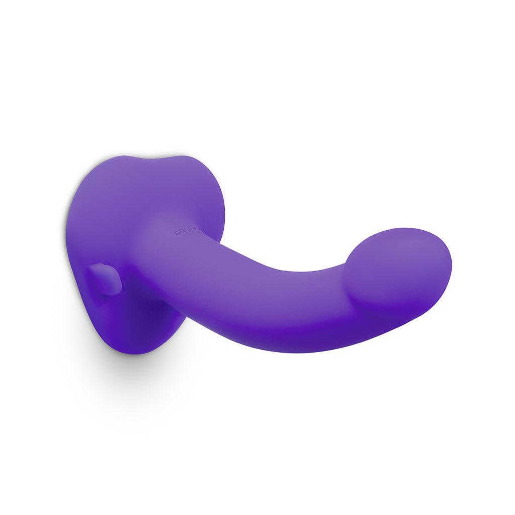 b-Vibe Vibrating Curved Strap-On Kit – 6.5" Silicone Dildo with Harness – Purple and Black