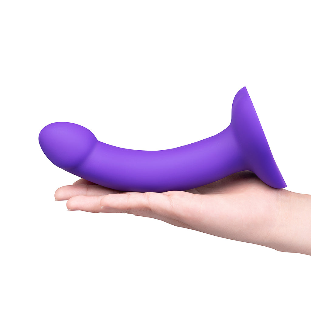 b-Vibe Vibrating Curved Strap-On Kit – 6.5" Silicone Dildo with Harness – Purple and Black