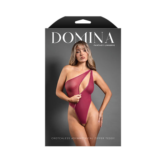 Fantasy Lingerie Domina Crotchless One-Shoulder Teddy with Asymmetrical Front Zipper - Berry L/XL