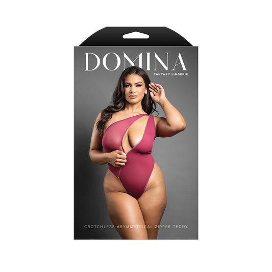Fantasy Lingerie Domina Crotchless One-Shoulder Teddy with Asymmetrical Front Zipper - Berry Queen Size