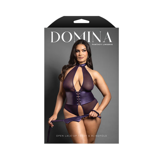 Fantasy Lingerie Domina Open Halter Teddy with Lace-Up Detail – Deep Purple – Queen Size